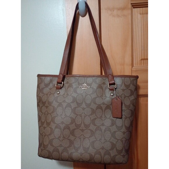 Coach Brown Tan Signature Coated Canvas Zip Top Tote Shoulder Bag F34603 - Picture 9 of 16